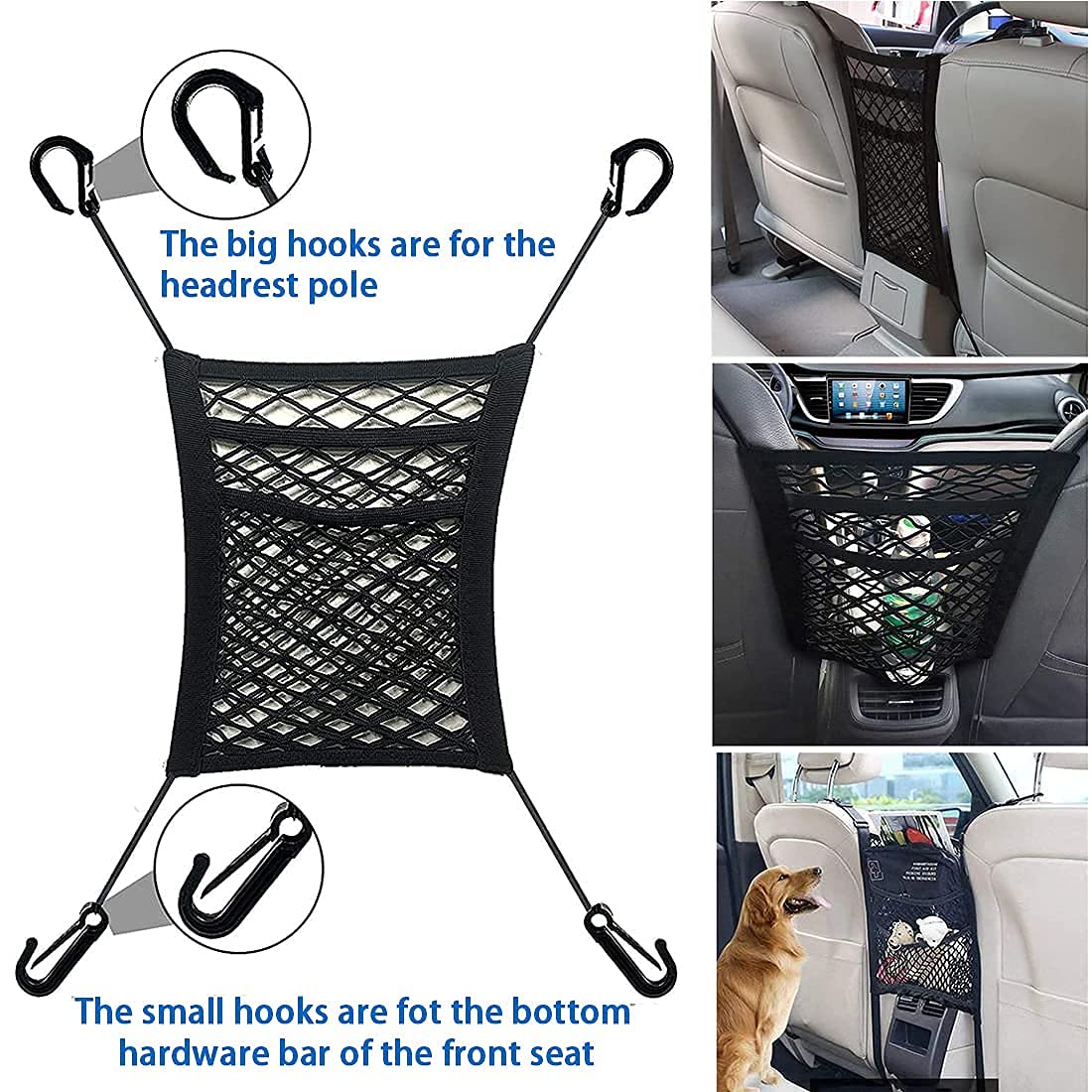 3-Layer Car Mesh Organizer, Seat Back Net Bag, Barrier of Backseat Pet Kids, Cargo Tissue Purse Hold (SVO_10)