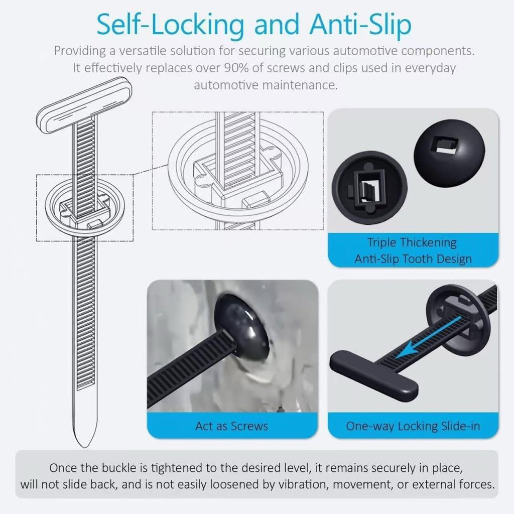 Universal Cable Tie Buckle for Cars, Heavy Duty Self-Locking UV Resistant Zip Ties with Push Pin Button (SVO_14)