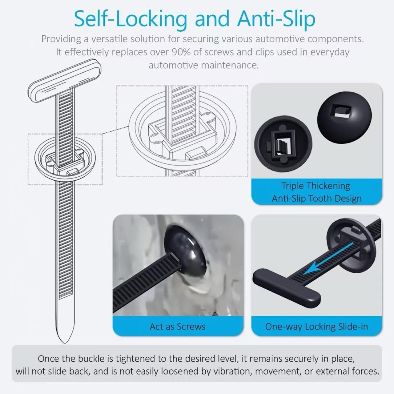 Universal Cable Tie Buckle for Cars, Heavy Duty Self-Locking UV Resistant Zip Ties with Push Pin Button (SVO_14)